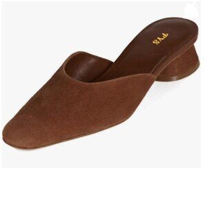 FYS Brown Round Toe Slip on Mules Chunky Block Low Heel Slippers Indoor Shoes